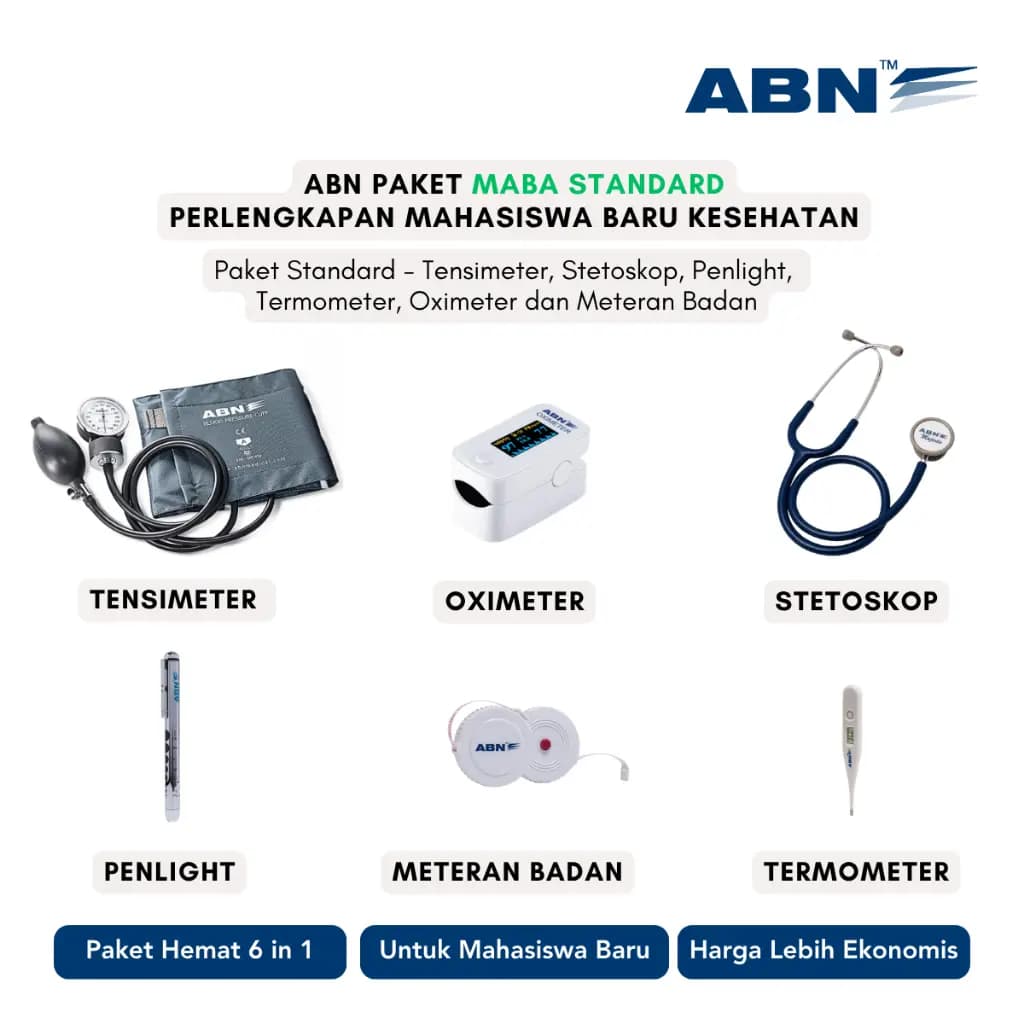 ABN Paket Maba Standard Perlengkapan Mahasiswa Baru Kesehatan - Tensimeter Stetoskop Oximeter Penlight Thermometer Meteran Badan
